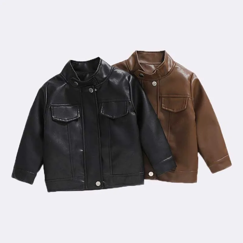 

Boys Pu Leather Jackets Autumn Children Handsome Outerwear Spring Kids Zipper Trends Coats Girls Classics Clothes 3-8 Years