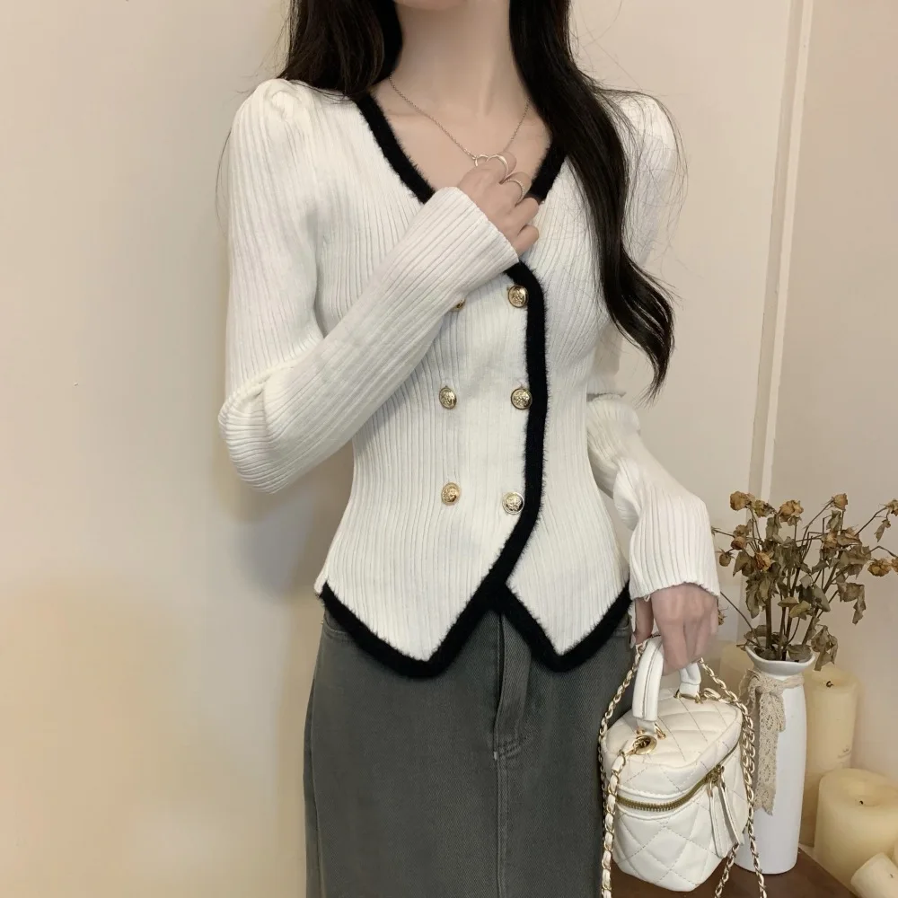 

2024 Women's Irregular V-neck Knitted Cardigan Autumn Waist Slim-Fit Assorted Colors Sweater