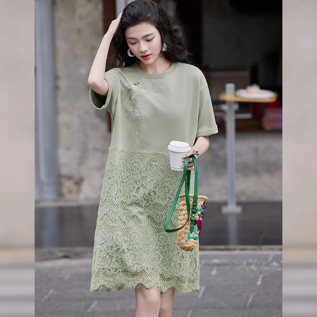 LOUIS YAO 2025 Summer Frog Buttons and Hidden Patterns Chinese-style Dress Splicing Lace Long Short Sleeve Women's Dress