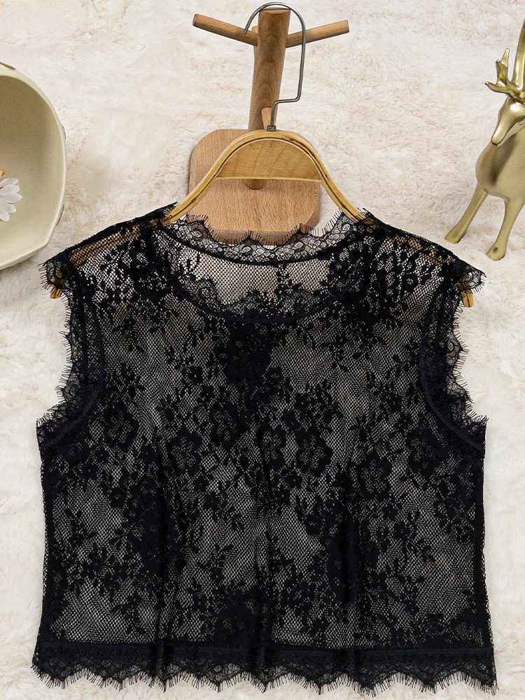 

Новый модный женский кружевной укороченный топ на бретельках с цветочным воротником, свободного кроя, с вырезами в виде волнистых волн