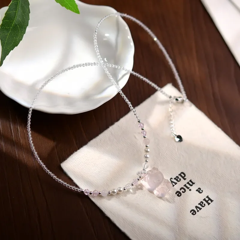 Powder crystal necklace spot exquisite three-dimensional cute cat girl beaded necklace sweet colored crystal necklace