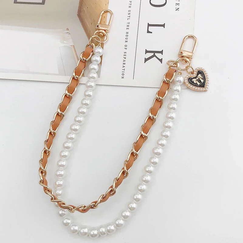 Leather Double Chain Pearl Bow Mobile Phone Chain Anti-Lost Phone Lanyard Keychain Anti-fall Water Cup Pendant Camera Wristband