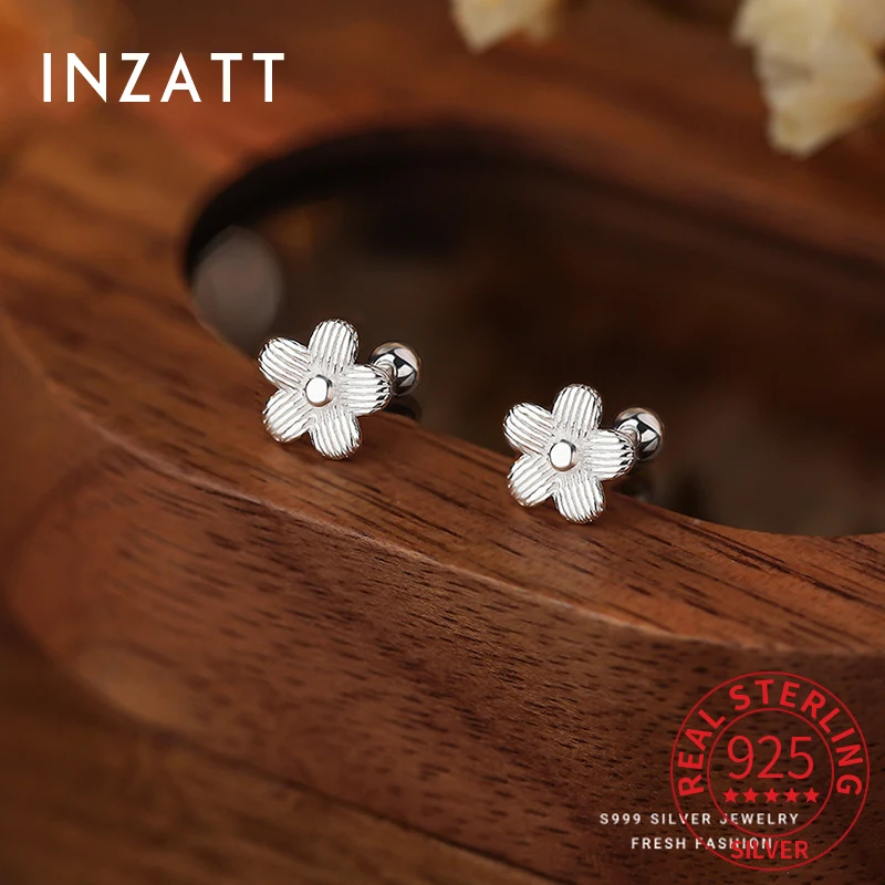 

INZATT Real 925 Sterling Silver Flower Bead Screw Mini Stud Earrings for Charm Women Cute Fine Jewelry Light Luxury Accessories