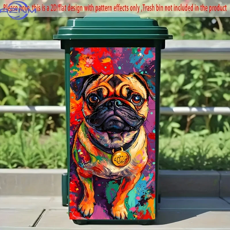 1pc, 2D/Flat Trash Can Sticker, .01 x cm, colorful pug with abstract paint splashes, bold pop art dog trash can decal, suitabl