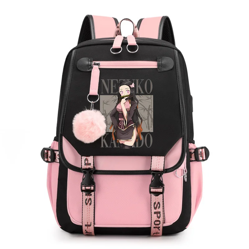 

Cute Kamado Nezuko Pattern Backpack Teenage New Anime Kamado Nezuko Schoolbag Casual Street USB Backpacks