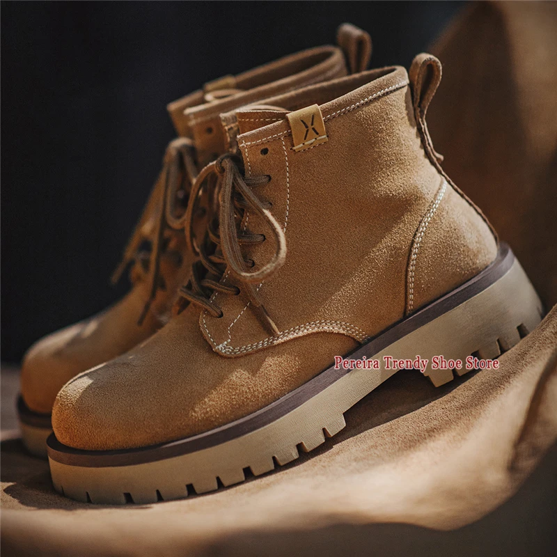

Новые мужские замшевые мотоциклетные ботинки на осень-зиму, ретро-коричневые, из натуральной кожи, на толстой подошве, на шнуровке, рабочие ботинки, уличная повседневная обувь