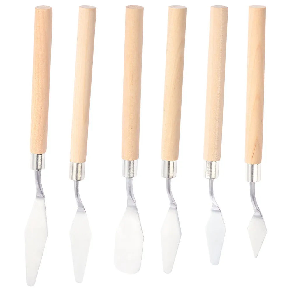 6Pcs Oil Painting Scrapers Stainless Steel Painting Spatula Tools Wood Handle Art Craft Color Mixing Spreading Smudging Supplies