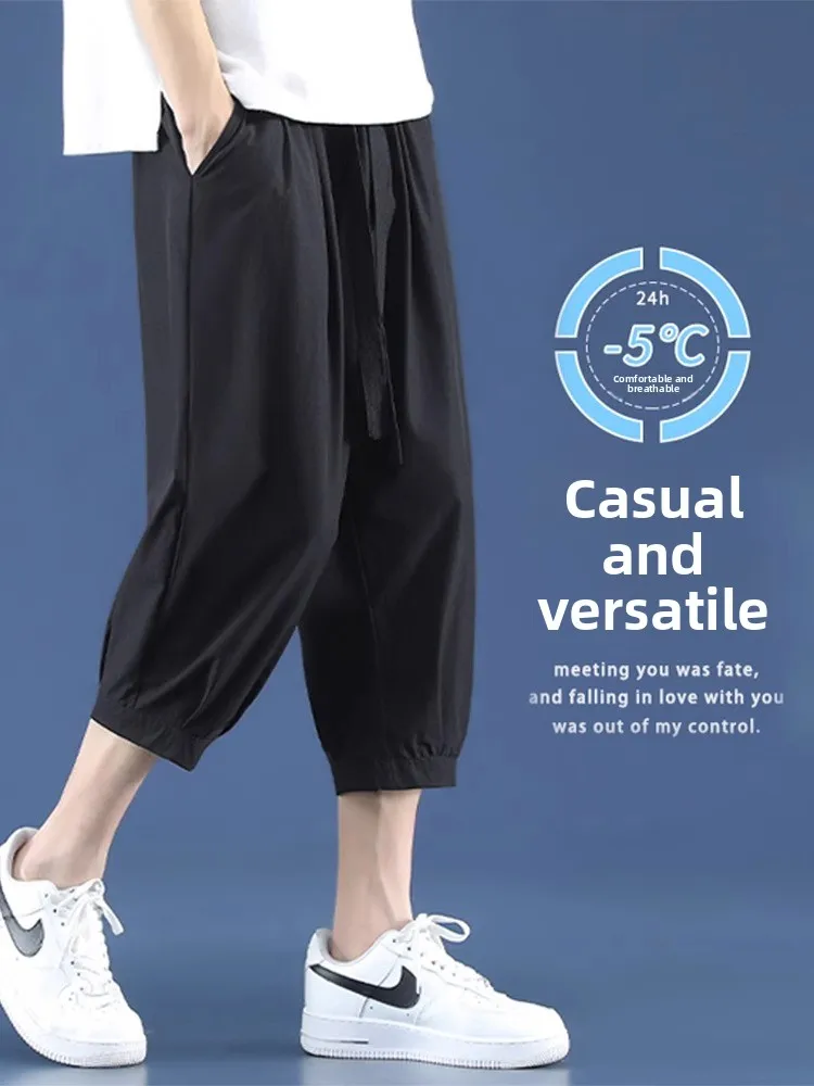 

Men's Ice Silk Seven-Foot Pants Summer Thin Faion Brand orts Knee-Length Casual Pants Loose Fit mid Waist Youth Sle