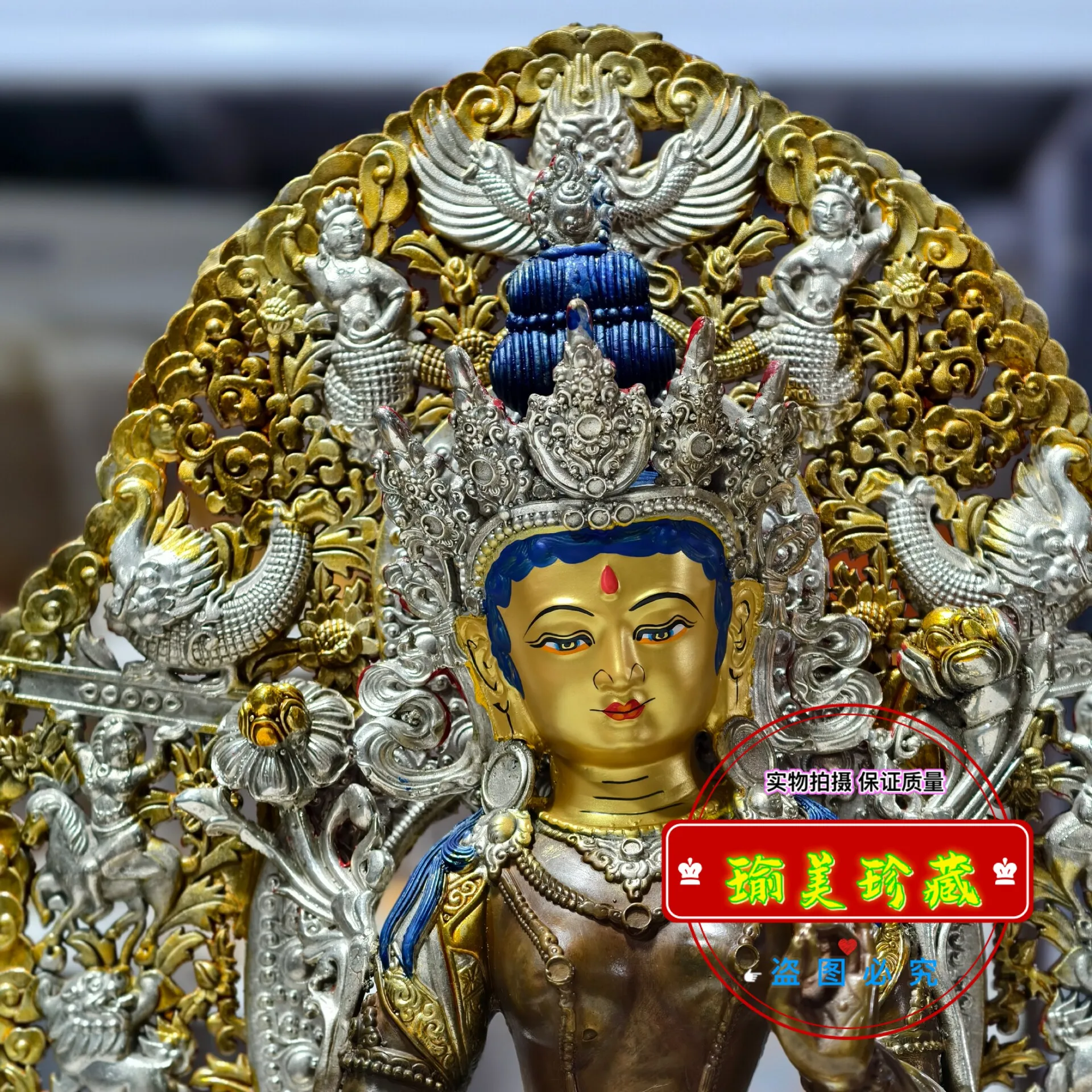 Green Tara Bodhisattva Buddha statue Xizang craftsmanship ten inches with backlight Zhuoma Buddha pure copper gilt silver-plated