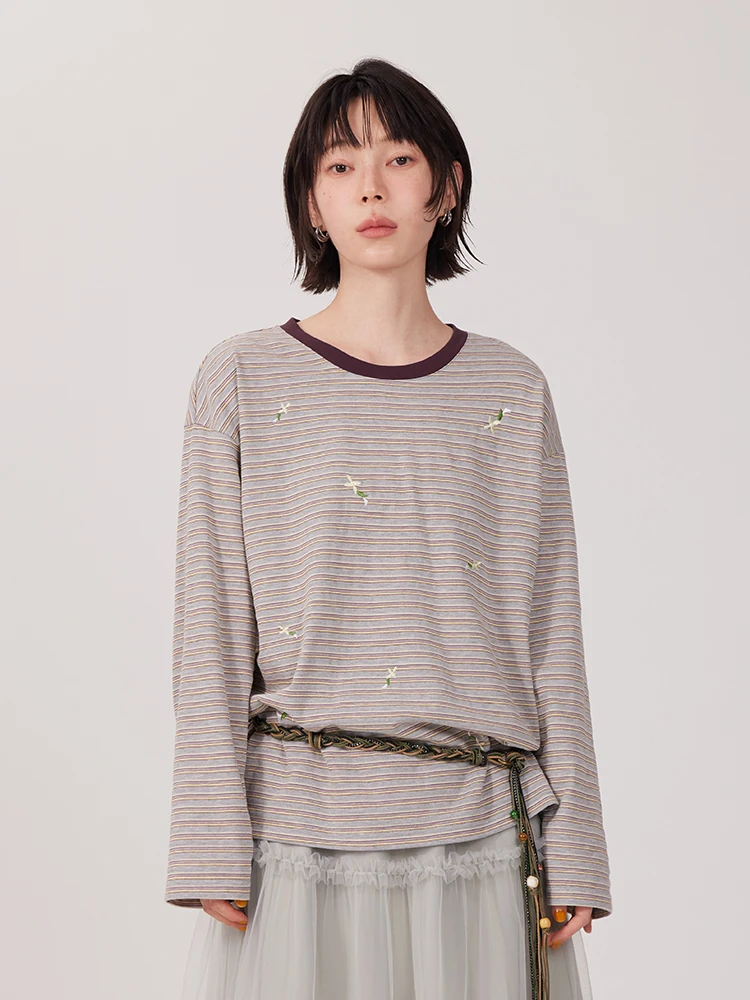 

Женская повседневная свободная футболка-поло средней длины в полоску из дышащей смесовой ткани (хлопок/полиэстер) с круглым вырезом