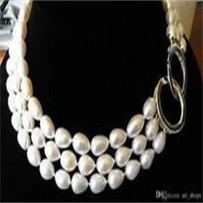 

3 ROWS 8-9MM rice freshwater cultured pearl NECKLACE 17-19 INCH