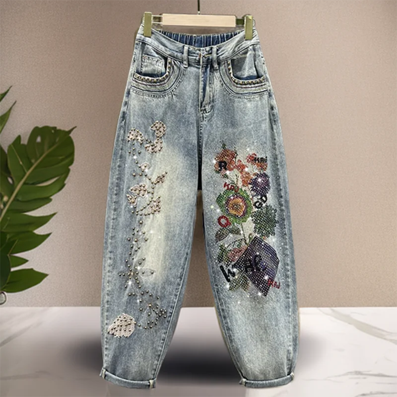 

Новые весенние джинсы с вышивкой стразами для женщин, с высокой талией, свободные, модные, персонализированные, повседневные, в стиле «папины брюки»
