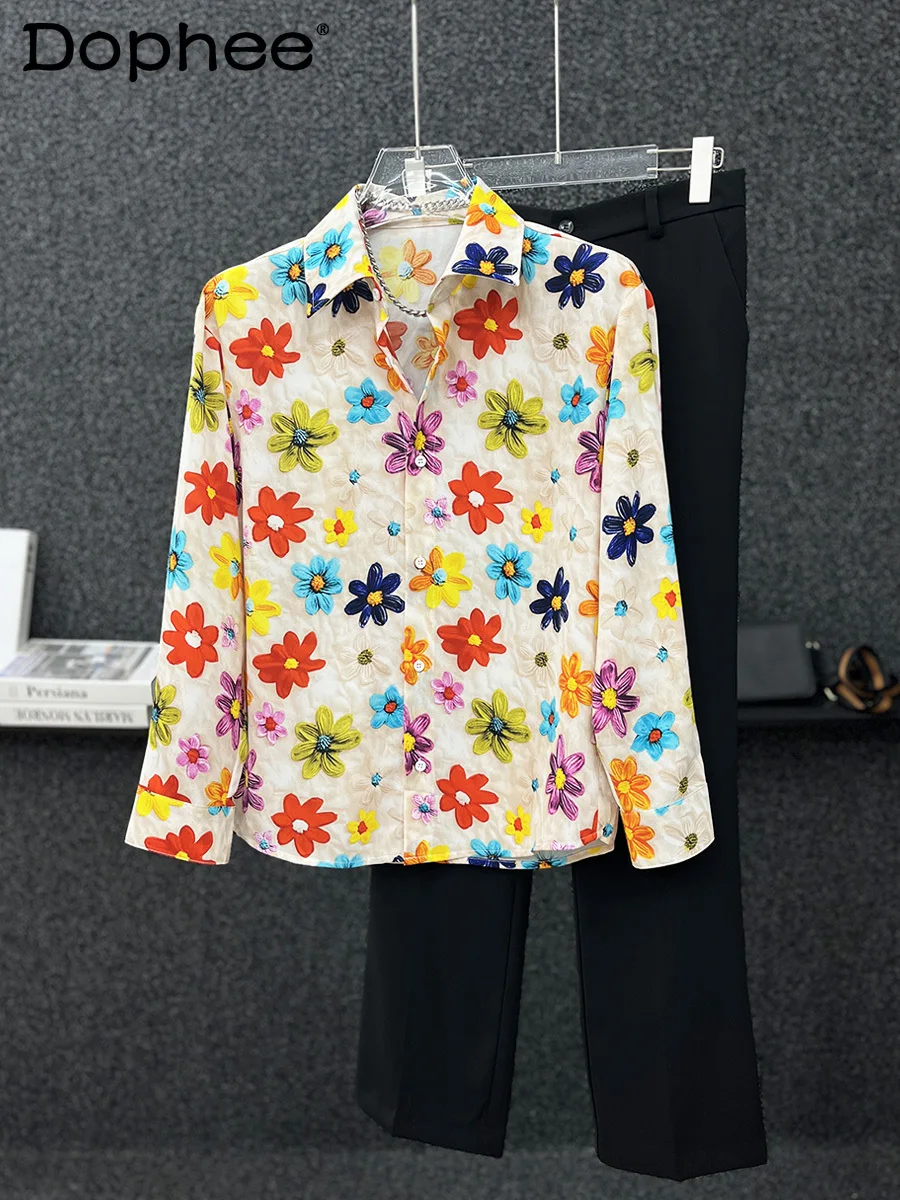 

High-end Color Flower Male Shirts Men's Trendy Casual Long Sleeve Printed Breathable Shirt Men's 2024 Autumn High Street Tops