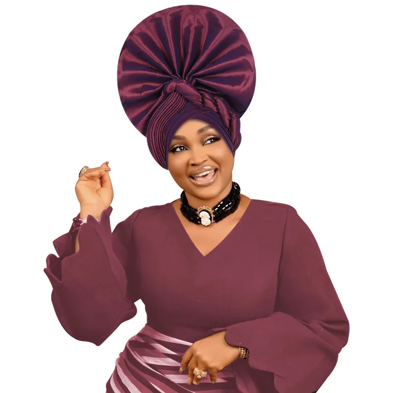 

2025 African Female Turban Cap Women's Autogele Headtie Nigeria Raw Silk Fan Gele Wedding Party Head Wraps Headwear Turbante