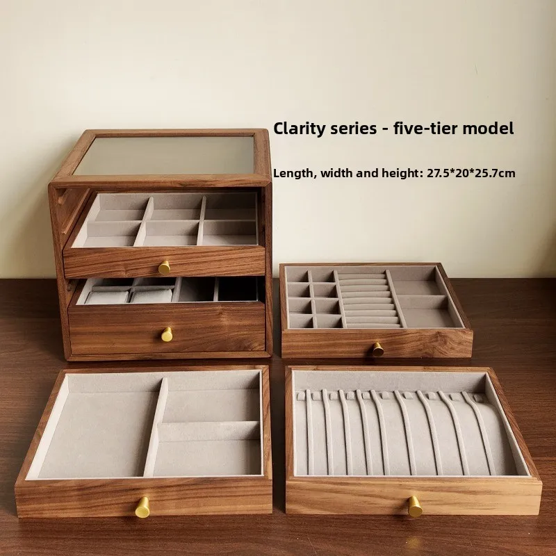 Walnut Jewelry Storage Box Solid Wood Drawer Cabinet for Rings Earrings Large Capacity Collectible Organizer Luxury Vanity Chest