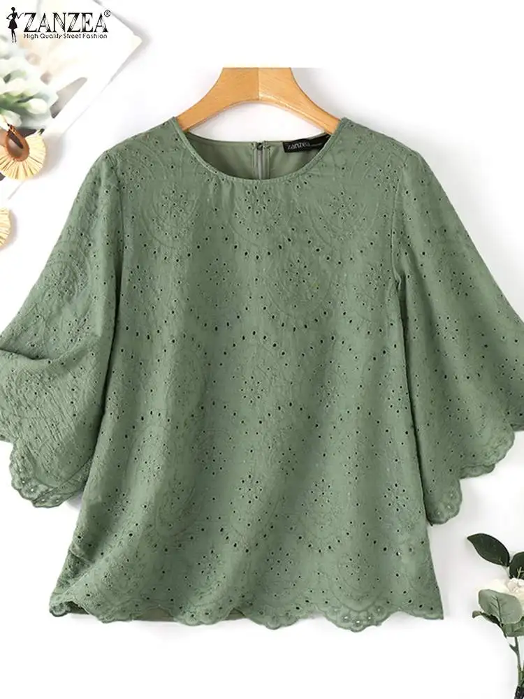 2024 ZANZEA Summer Half Sleeve Floral Embroidery Blouse Women Fashion Loose Holiday Tops Casual Lace Crochet Shirt Solid Blusas