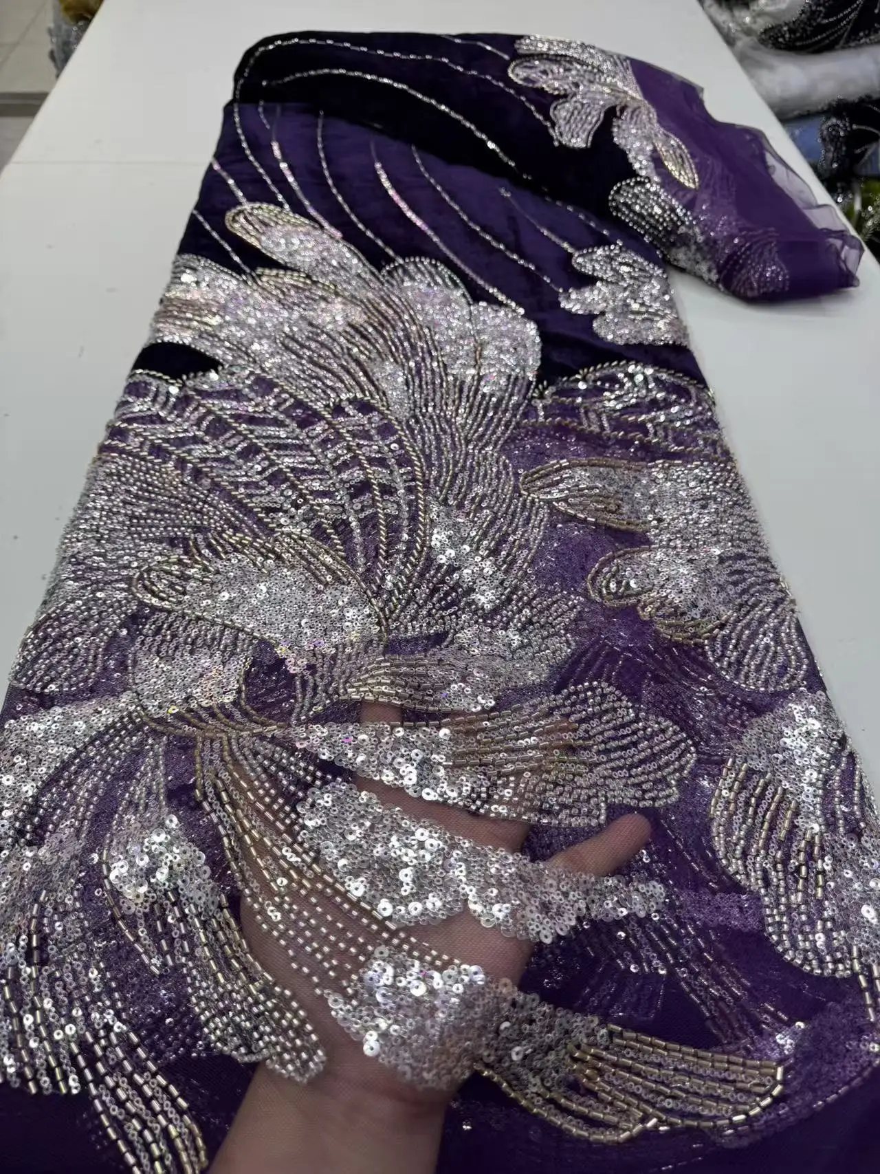 African Sty High Quality Velvet Embroidered Lace Fabric with Beads 2026 French Mesh Net Tulle Sequins for Wedding Dresses M652-1 view 5