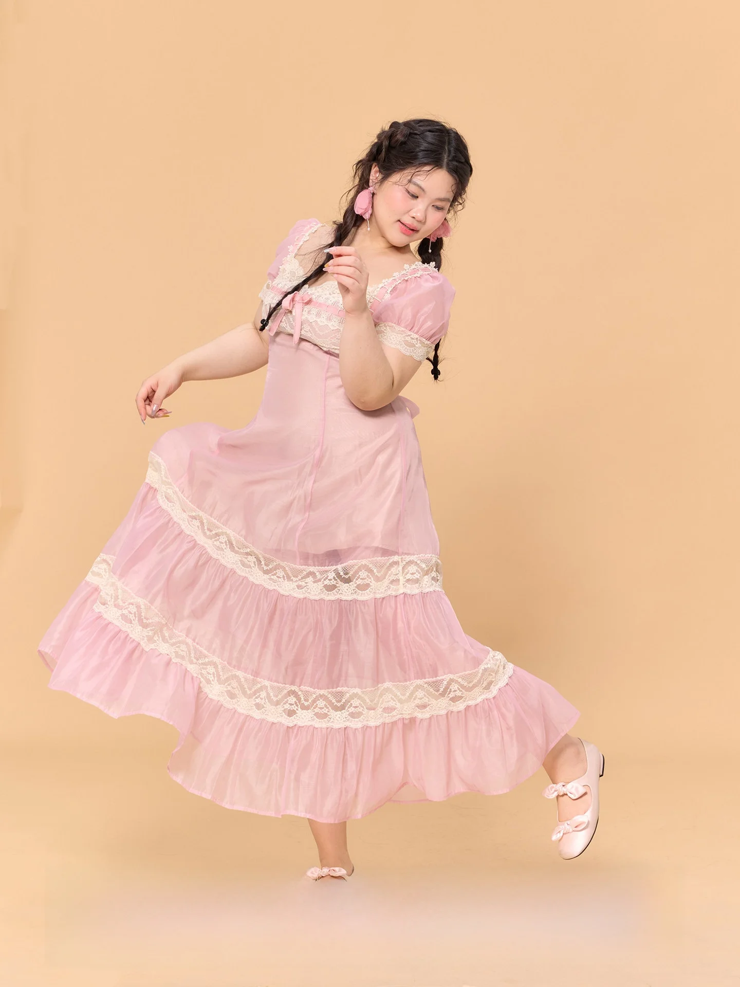 

Large Size Women's Long Dress Pink Lace Splicing Knot Princess Style A-Line Skirt Back Zipper Casual Spring Summer