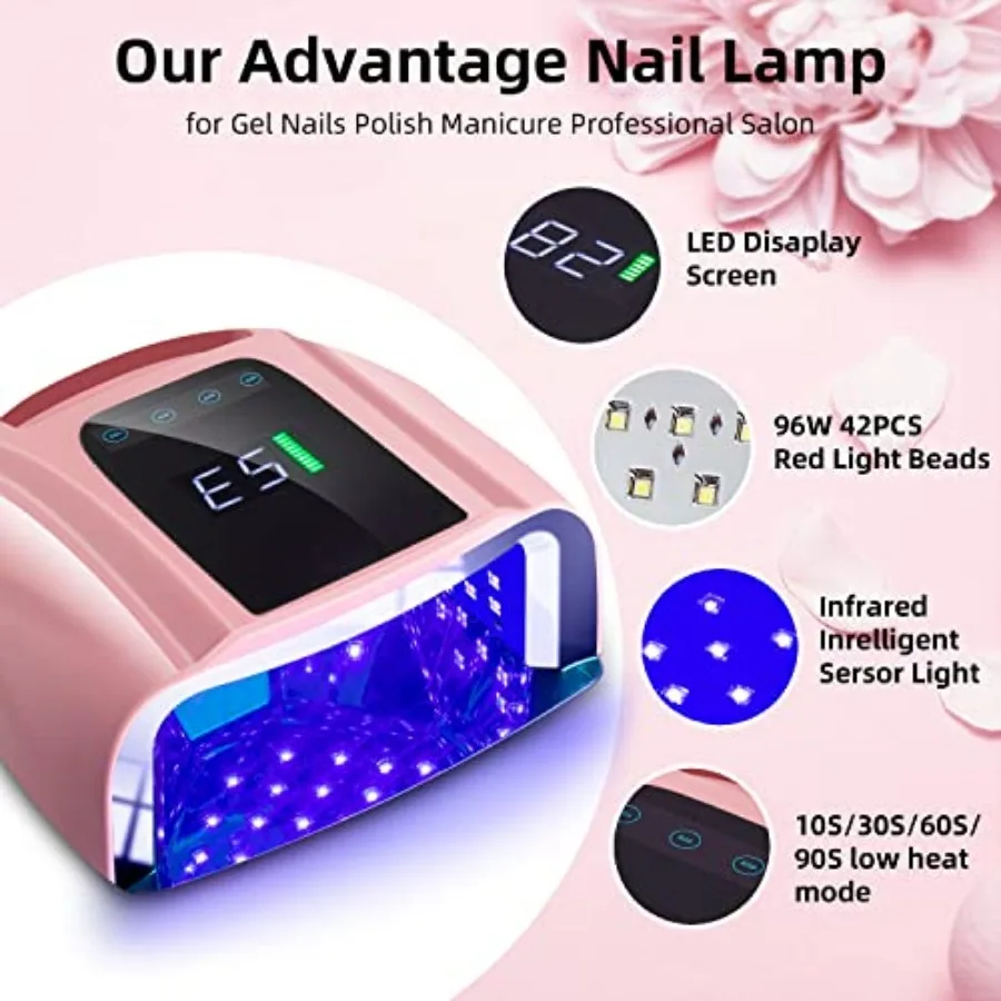 96W Rechargeable UV LED Nail lamp, Cordless Nail Dryer with Removable Stainless Steel Bottom, Professional Curing Lamp for Fing
