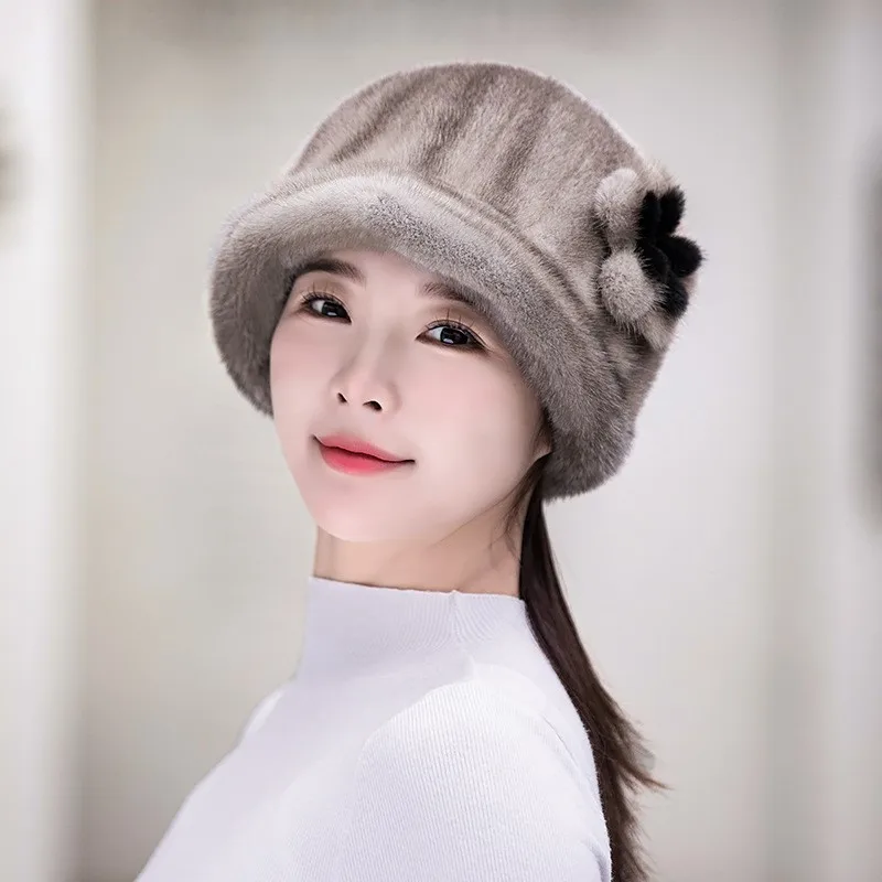 New winter leather hat for children ear-protecting and warm fur top middle-aged elderly mothers grandmothers