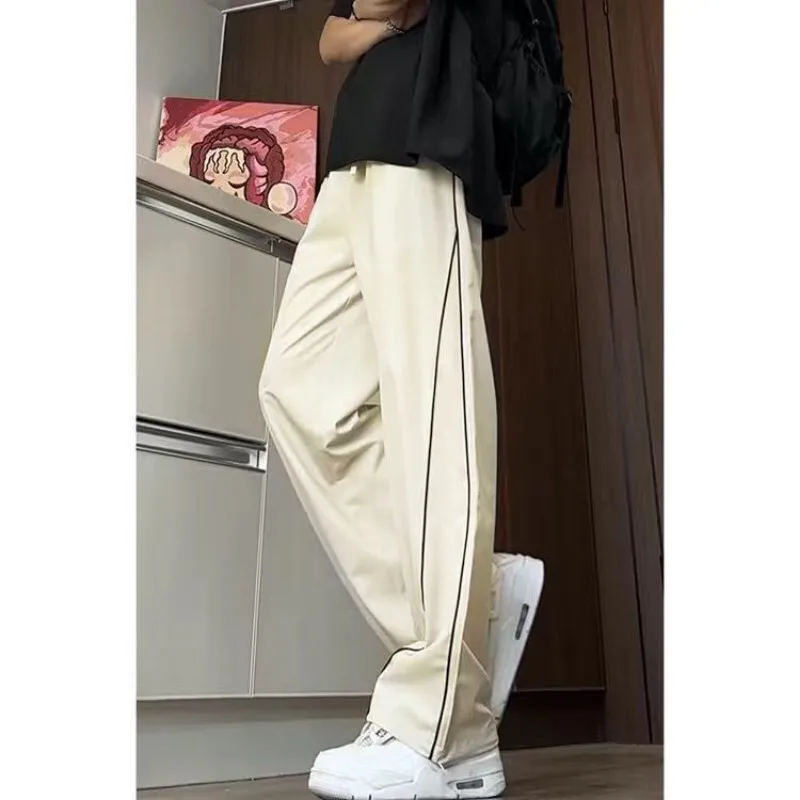 Elastic High-waisted Contrasting American Striped Sports Pants for Men Loose Straight Casual Trendy Sweatpants and Trousers
