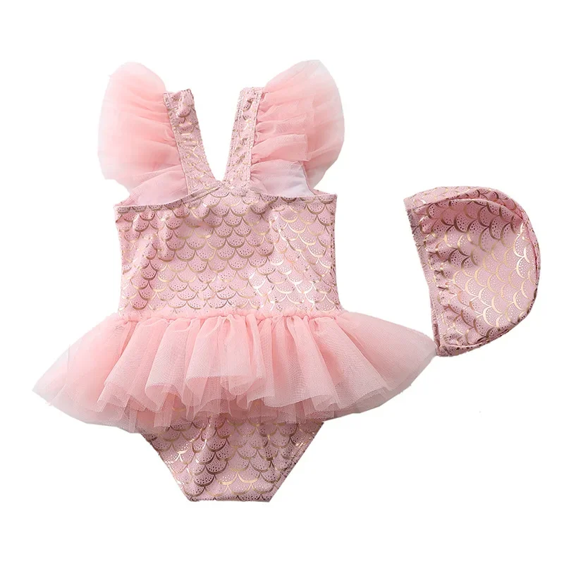 Traje de baño de sirena rosa + sombrero, traje de baño de una pieza para niñas con falda transparente, Bikini para niñas de 1 a 7T, bonito traje de baño de playa para niños