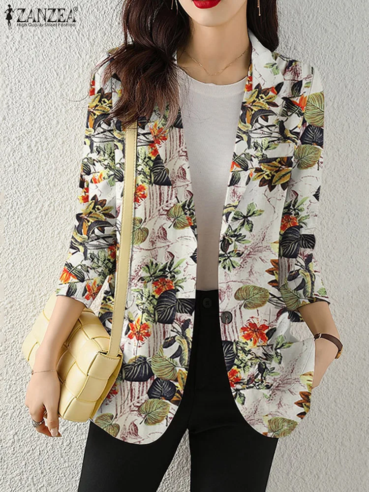 ZANZEA Elegant Women Floral Printed Jackets Fashion Lapel Neck Long Sleeve Autumn OL Blazer Officewear Coats Thin Outwear 2024