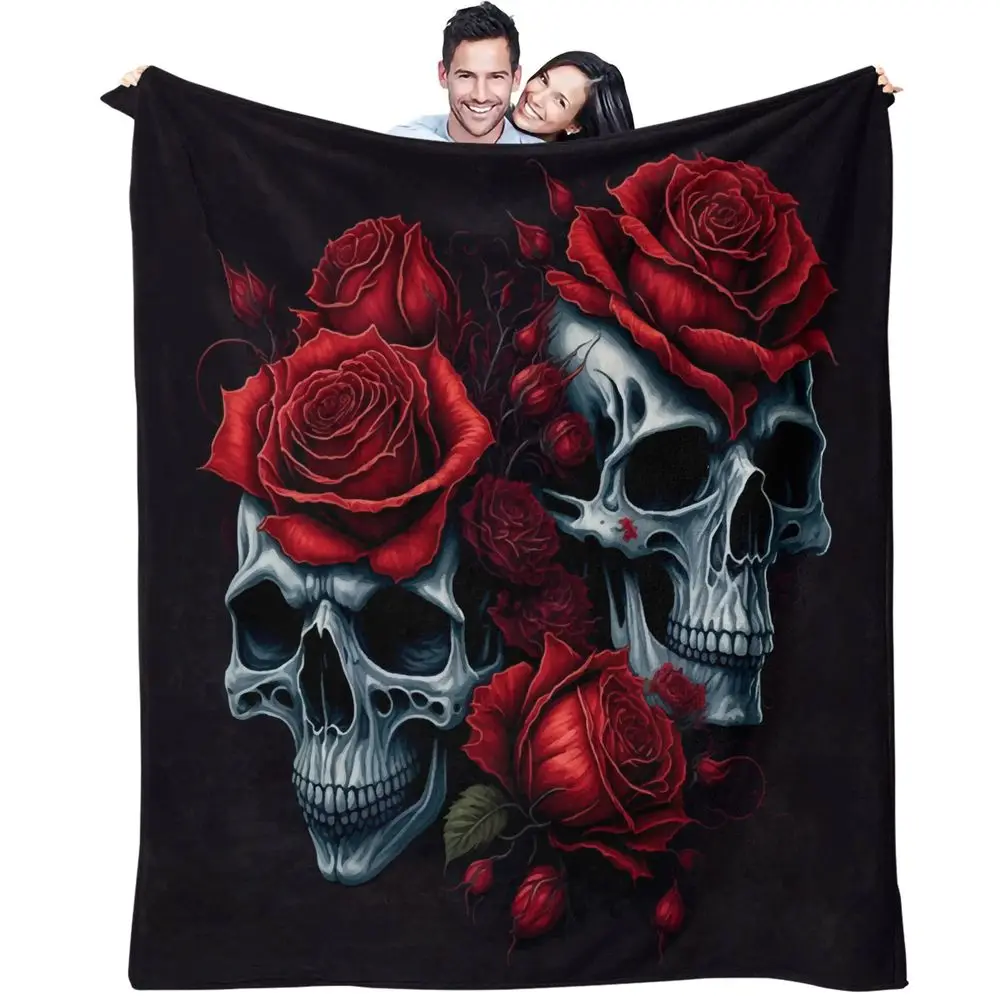 Skull Red Rose Gothic Print Blanket Flannel Blanket Throw Blanket Warm Blanket Gift Blanket Dark Adult Bedroom Lap Mat