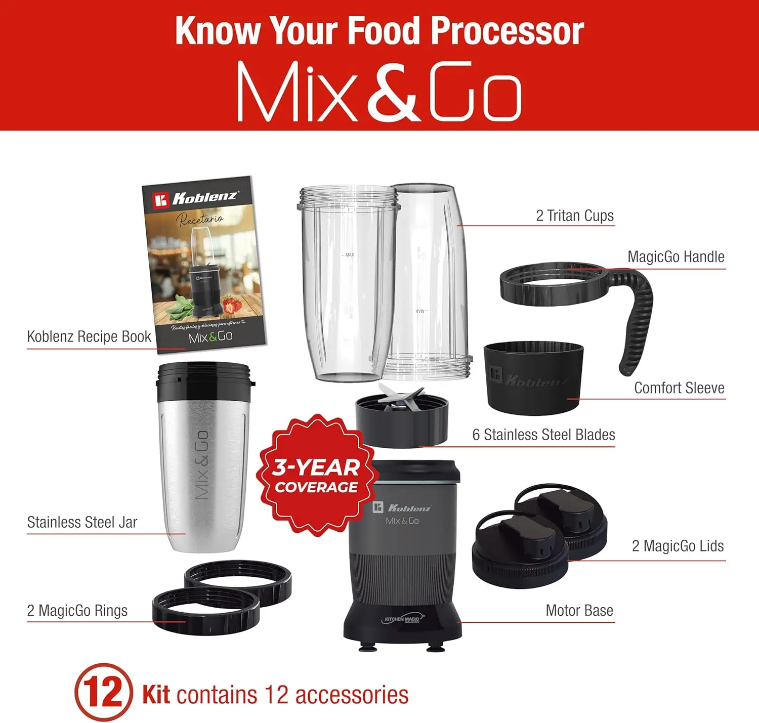 Персональный блендер Koblenz Mix&Go, портативный блендер для коктейлей и смузи, двигатель мощностью 1000 Вт, в комплект входит чашка для яиц из нержавеющей стали