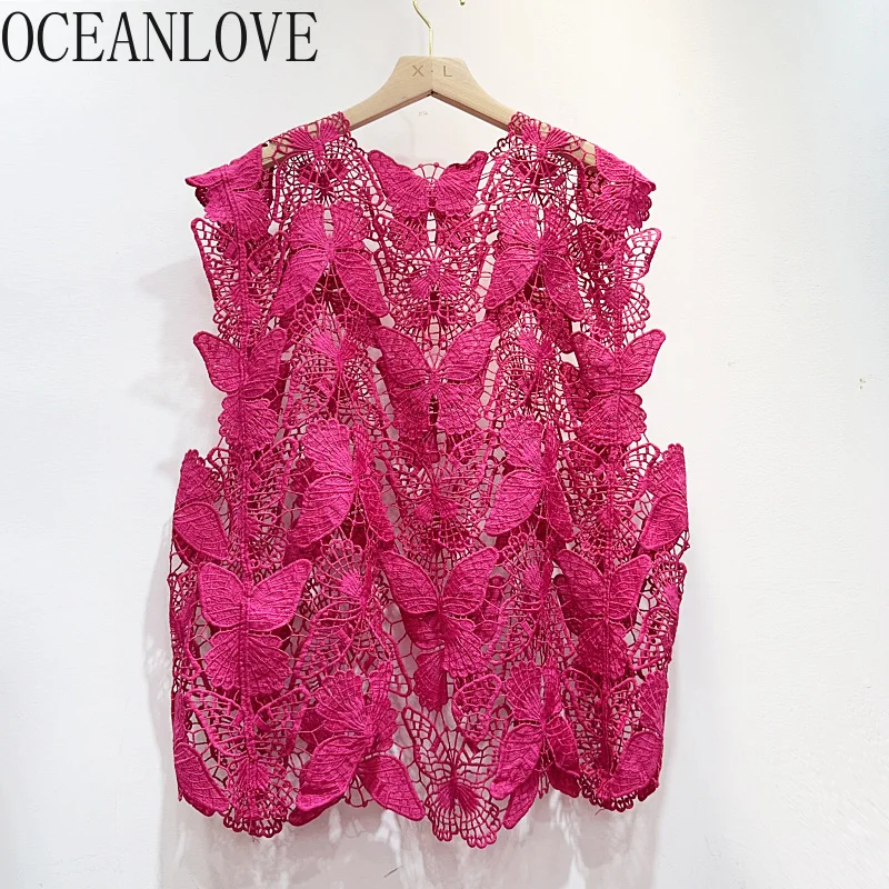 OCEANLOVE Lace T Shirt for Women Solid Hollow Out Elegant Korean Fashion Sweet Ropa De Mujer Spring Summer Retro Tank Tops