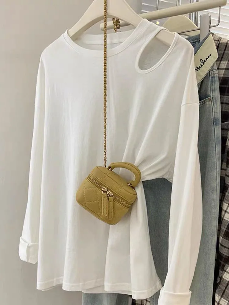 taglie forti 300 Pou Coreano Sle Color oulder Bared Long Sve T-shirt da donna vestibilità ampia Abbigliamento interno Top per Early A...