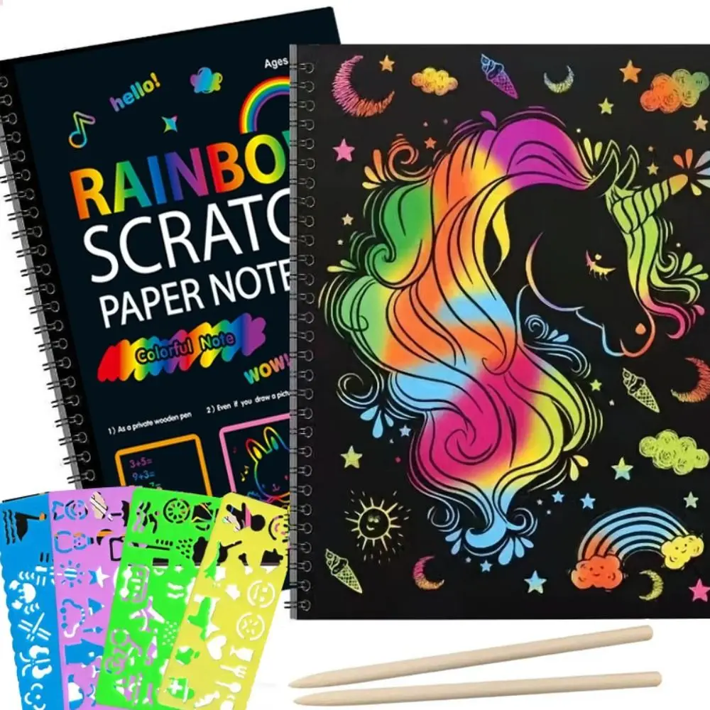 Kreativ mit Holzstift, Regenbogen-Kratzbuch, bunt, kein Geruch, Farbe, Zeichenpapier, neoterisches, glattes, glitzerndes Papier, Notiz für Kinder