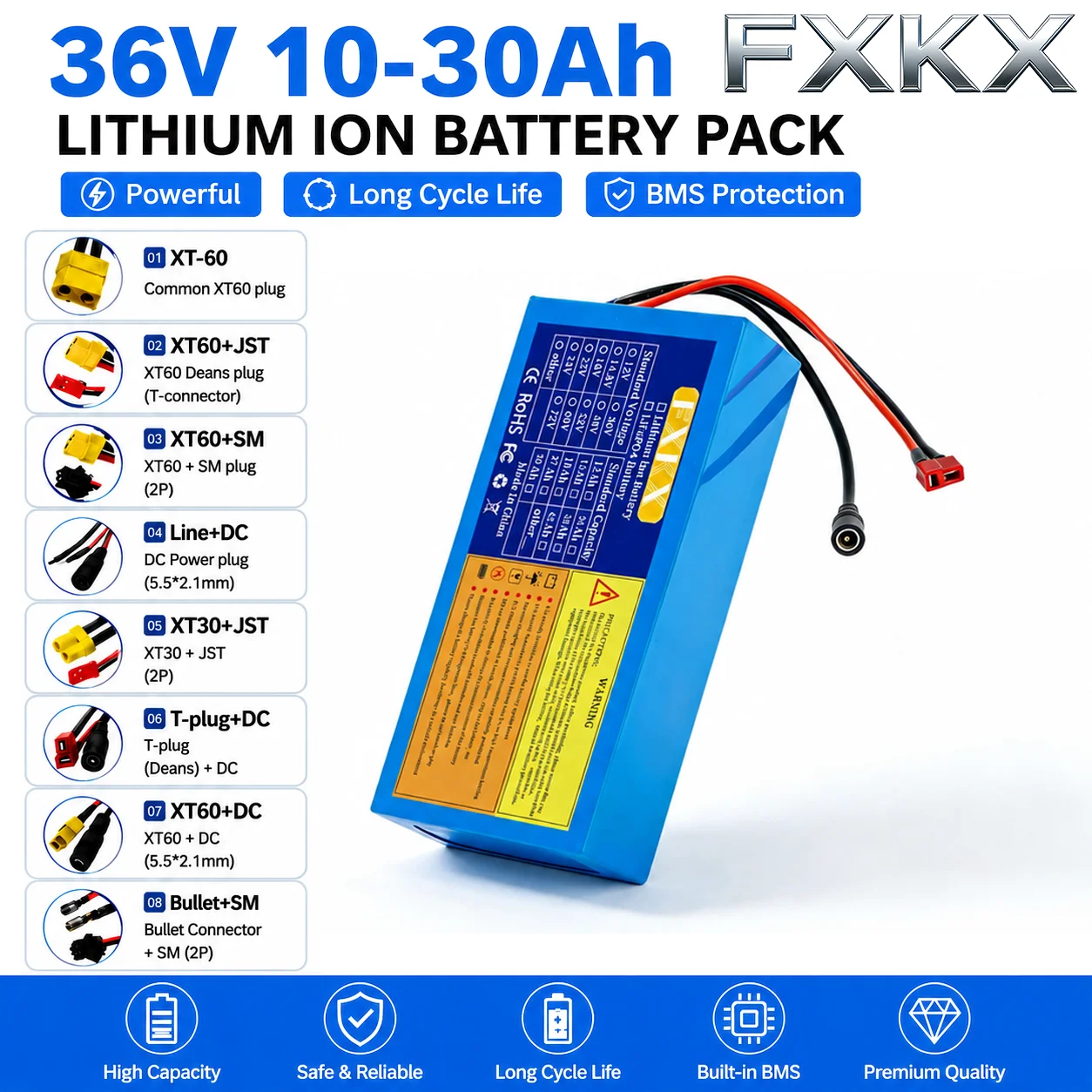 High Power 36V Lithium Battery Pack for Electric Motorcycle Scooter 10Ah/20Ah/30Ah 10S2P-6P with BMS 250-1000W