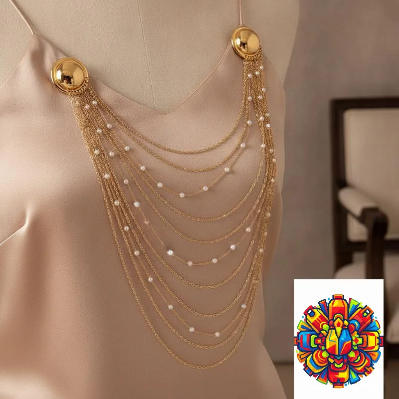 Iron Tassel Chain Brooch Exaggerated Multi Layer Geometric Pearl Pin Vintage Style Jewelry for Women Retro Outfit Matching