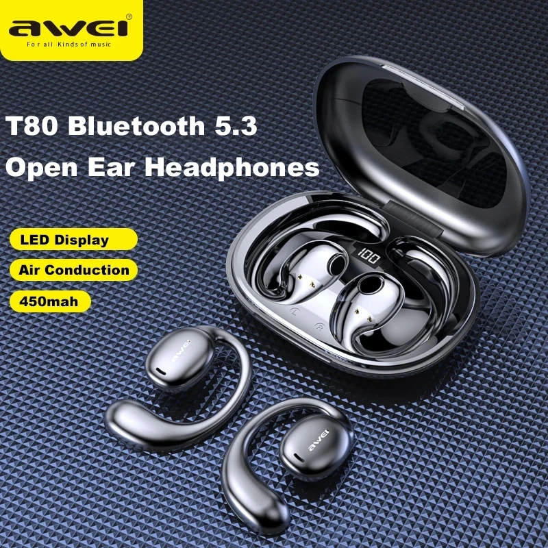 Awei-auriculares inalámbricos T80 con Bluetooth 5,3, cascos de conducción de aire con gancho para la oreja, deportivos, con micrófono, modo de