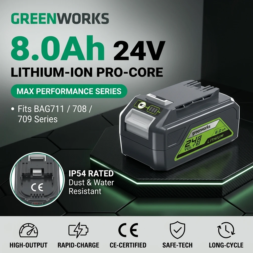 Große Kapazität 8,0Ah 24V Schnellladender Lithium-Ionen-Akku für Greenworks G24B4 29842 29852 BAG708 BAG711 Kabelloses Elektrowerkzeug 20352 22232 2508302
