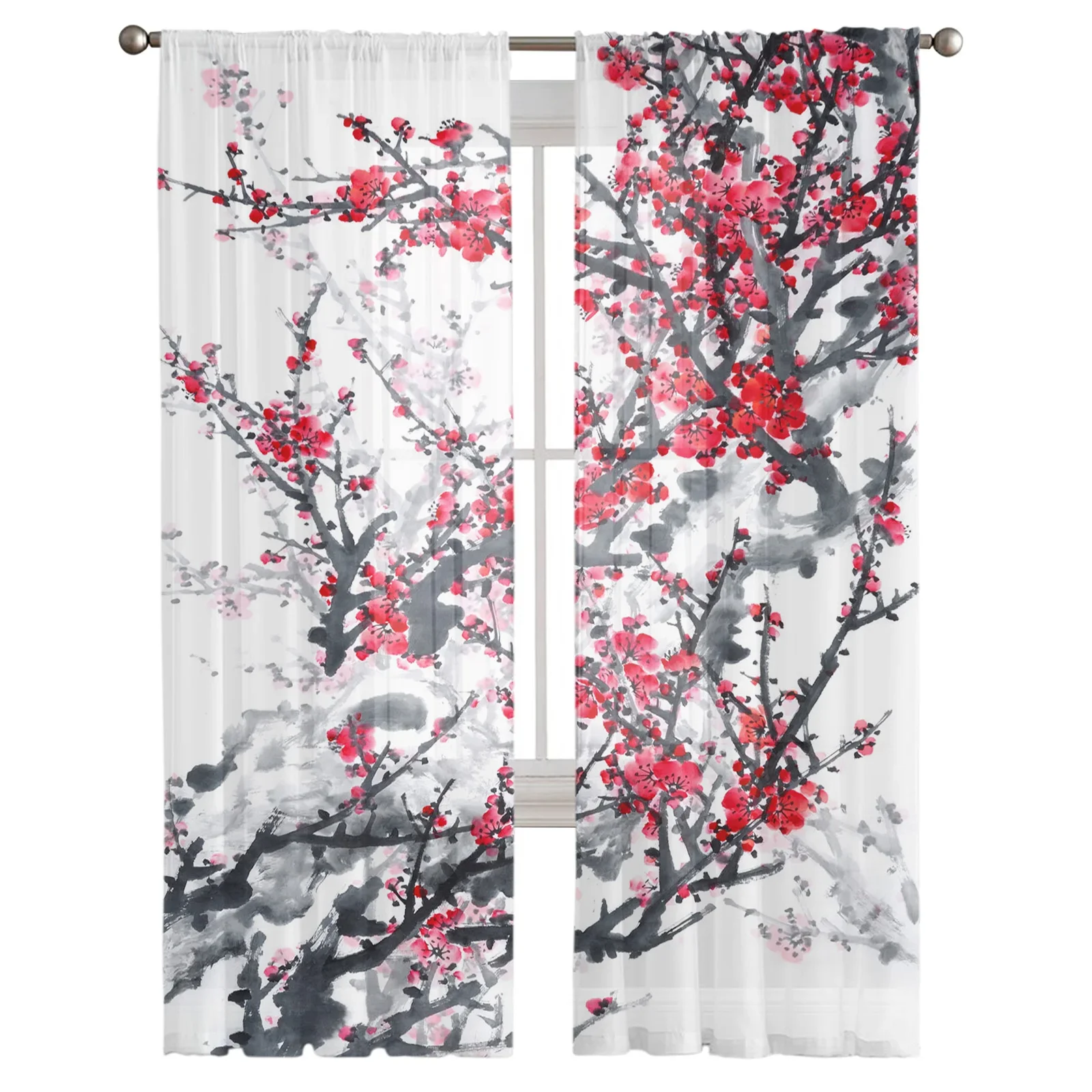 Ink Plum Blossom Flower Plant Tulle Sheer Curtains for Living Room Decoration Window Curtain for Bedroom Voile Organza Drapes