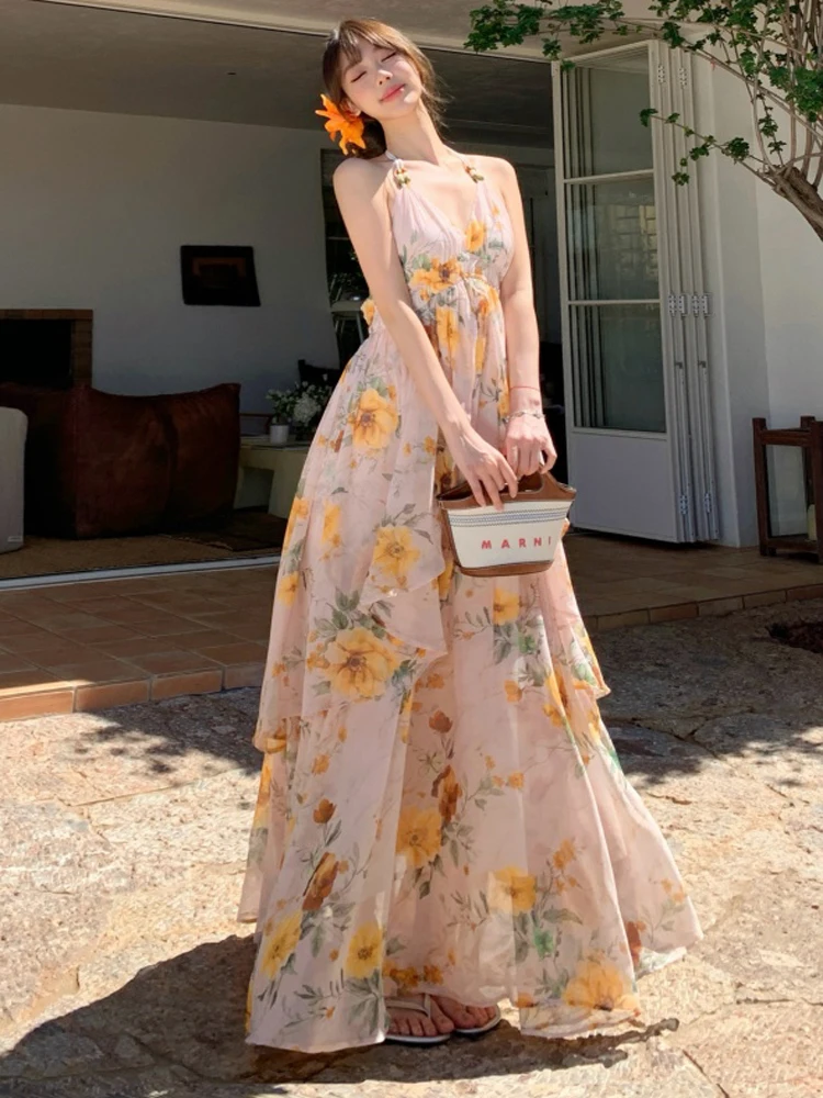 2025 여름 우아한 패션 보헤미안 플로럴 프린트 쉬폰 롱 드레스 여성 섹시 V넥 백리스 캐주얼 휴가 비치 드레스