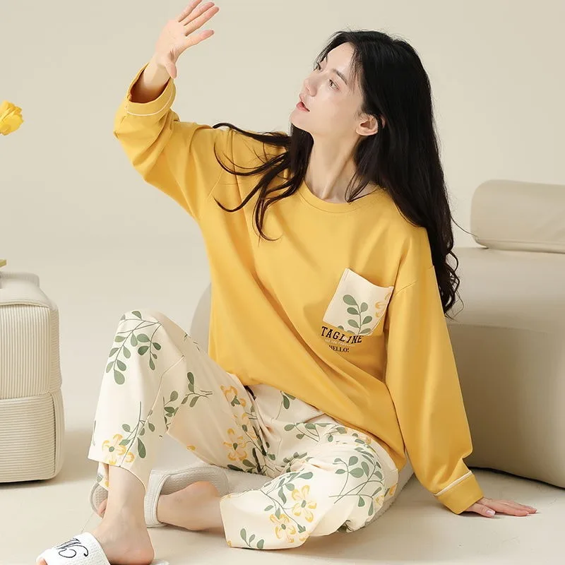 2024 New Lovely Cotton Pajamas Women Spring Autumn Long Sleeves Sleepwear Chest Pads Cotton Homewear Pullover Loose Loungewear