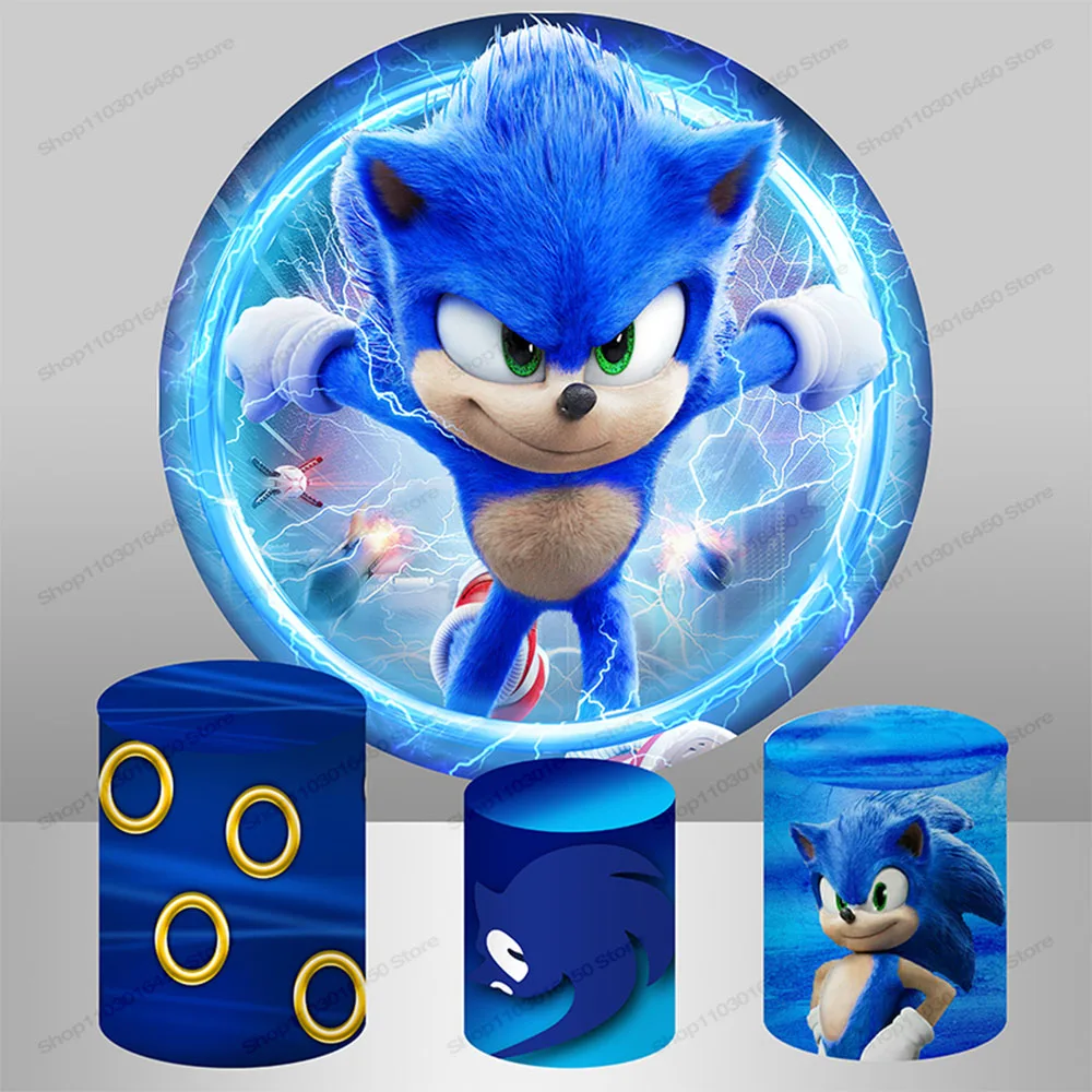 Cartoni animati Sonic Blue Round Background cerchio elastico Baby Shower tema carino festa di compleanno sfondo cilindro decorazione puntelli