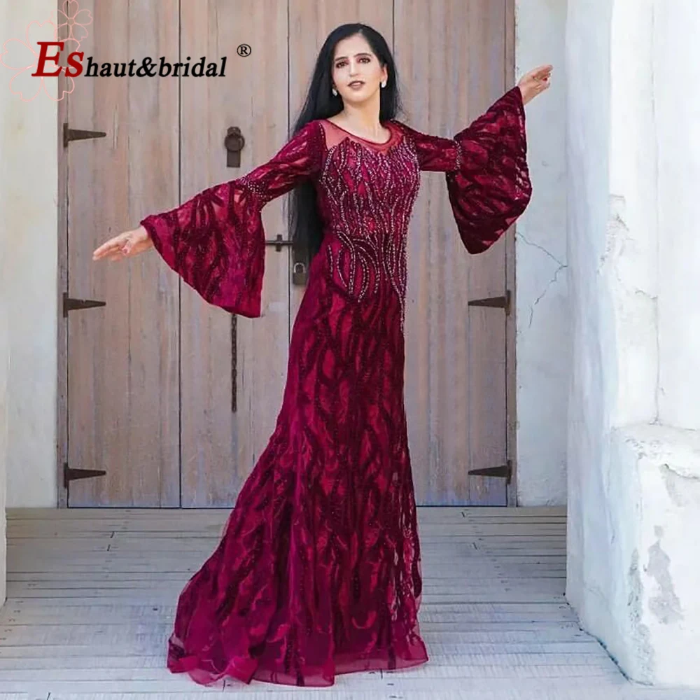 Elegant Velvet Evening Night Dress for Women 2023 Burgundy Long Sleeves O Neck Crystal Mermaid Formal Wedding Prom Party Gowns