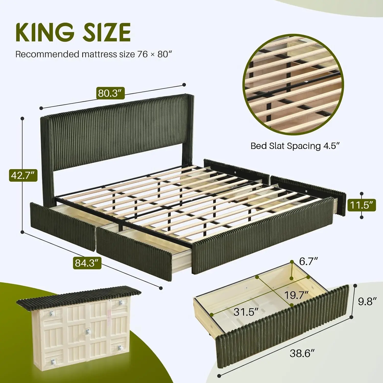 King Upholstered Bed Frame 4 Storage Drawers Vertical-Striped Headboard Slatted Wood Support Easy Assembly, Customized