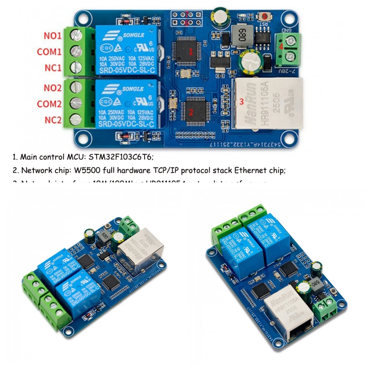 modbus-rtu-2チャンネルイーサネットリレーモジュール-w5500-tcpサーバー-lan制御-stm32ボード-dc7-36v電源-インジケーターライト付き