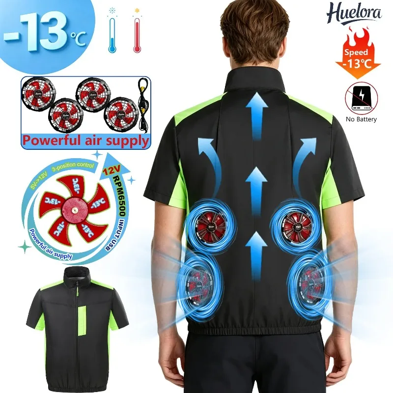 4 Built-in Fans Color Block Air Cooling Jacket Men Short Sleeve, 3 Colors Windproof Summer Work Coat for Fishing Construction