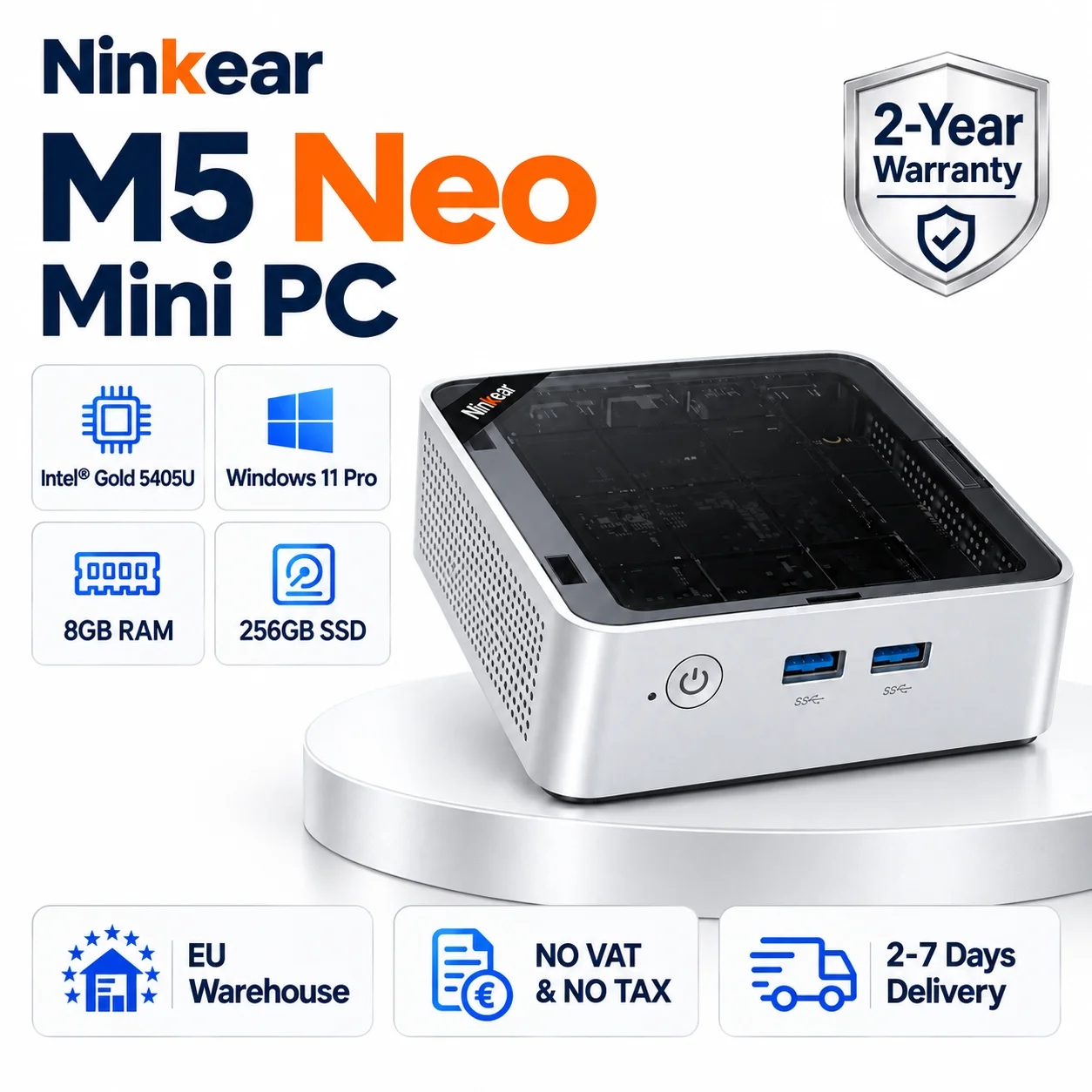 Ninkear M5 Neo Mini PC, Intel Pentium Gold 5405U, 8GB di RAM, SSD da 256GB, Windows 11, doppia porta HDMI, Wi-Fi 5, Bluetooth 5.0, design a basso consumo energetico da 15W, espansione fino a 2TB,