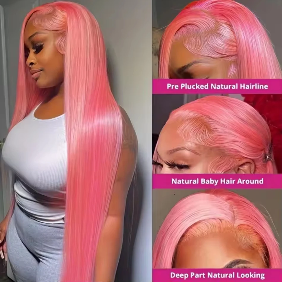 Straight Pink Human Hair Wig 13X6 13X4 Hd Transparent Lace Frontal Wig 30 36 Inch Brazilian Lace Front Colored Pre Plucked Wigs
