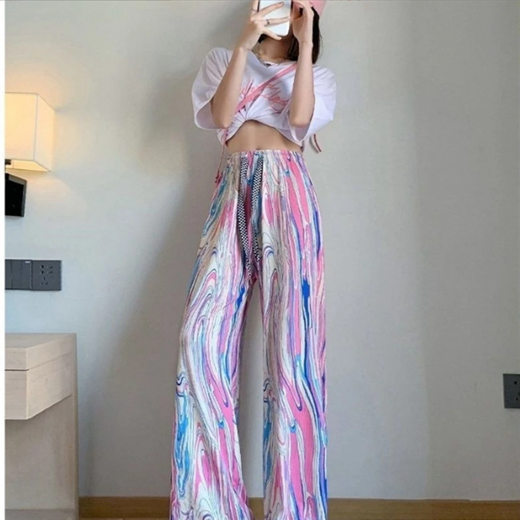 2026 High-Waisted Flared Wide-Leg Pants for Women - Thin Summer Rainbow Stripe Tie-Dye Loose-Fitting Floor-Length Print Pants