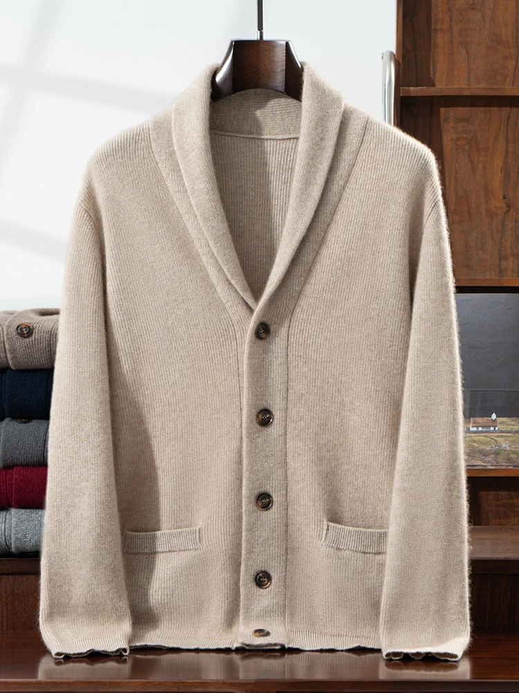 

Autumn Winter 100% Cashmere Men's Turn-Down Collar Thick Cardigan Sweater Smart Casual Soft Knitwear High Quality Fashion Tops