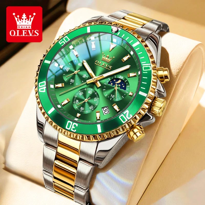 OLEVS 2870 reloj para hombre, reloj deportivo resistente al agua con fase lunar de negocios, serie de buceo de lujo dorada, reloj de cuarzo Original superior para hombre