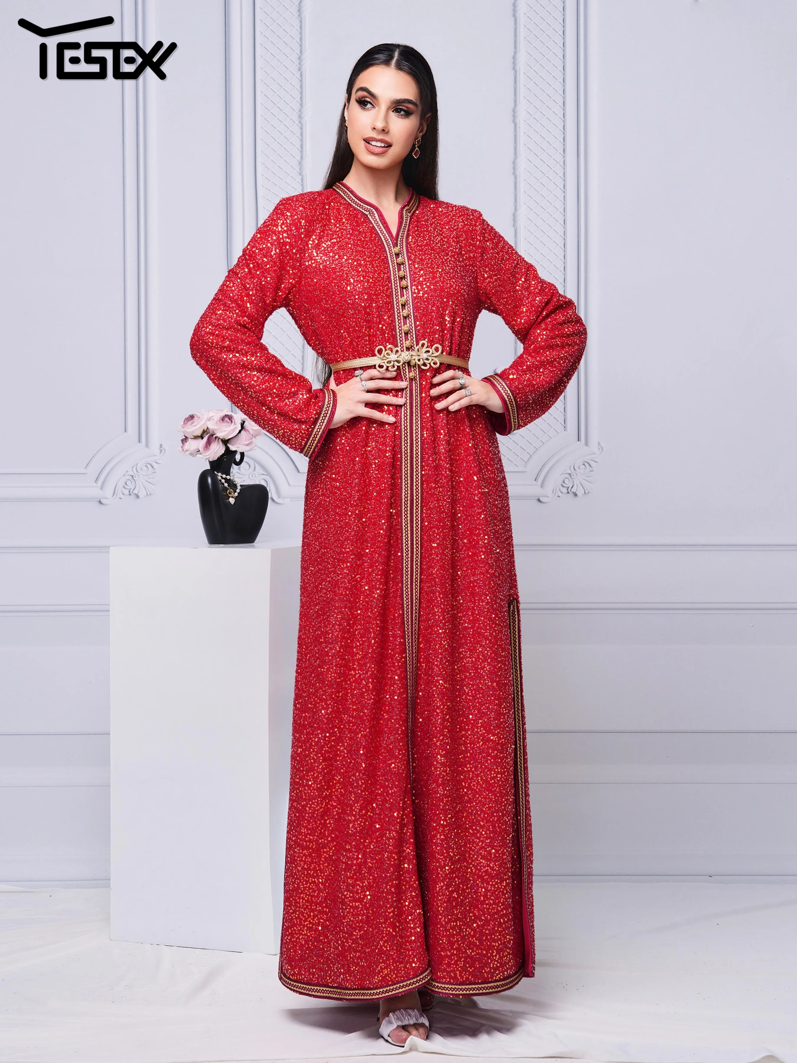 Yesexy Red Muslim Dress Loose Robe Female Middle East Dubai Women Formal Occasion Dresses